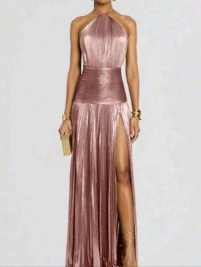 Elegant Rose Gold Halter Evening Gown